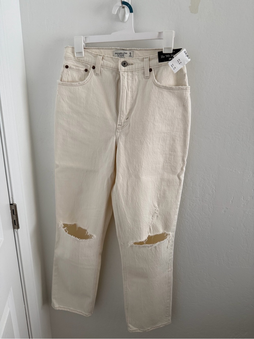 Abercrombie & Fitch Cream Straight-Leg Distressed Jeans